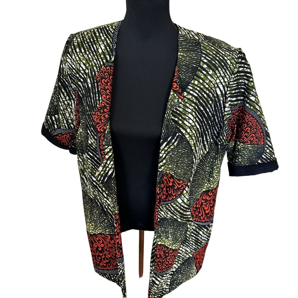 Womens African Print Open Front Cardigan Top Cotton Green Geometric XL Tribal